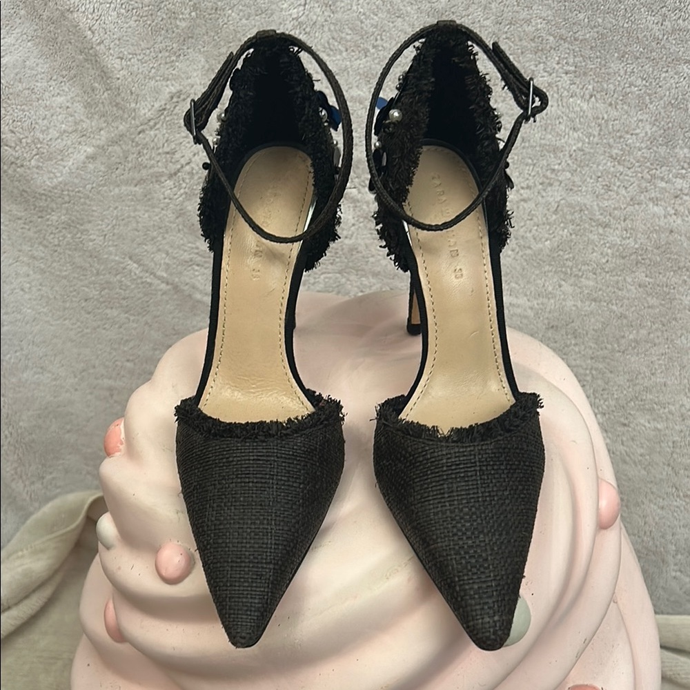 Zara Black and Blue Floral Stiletto Heels Size 7 - Picture 3 of 11